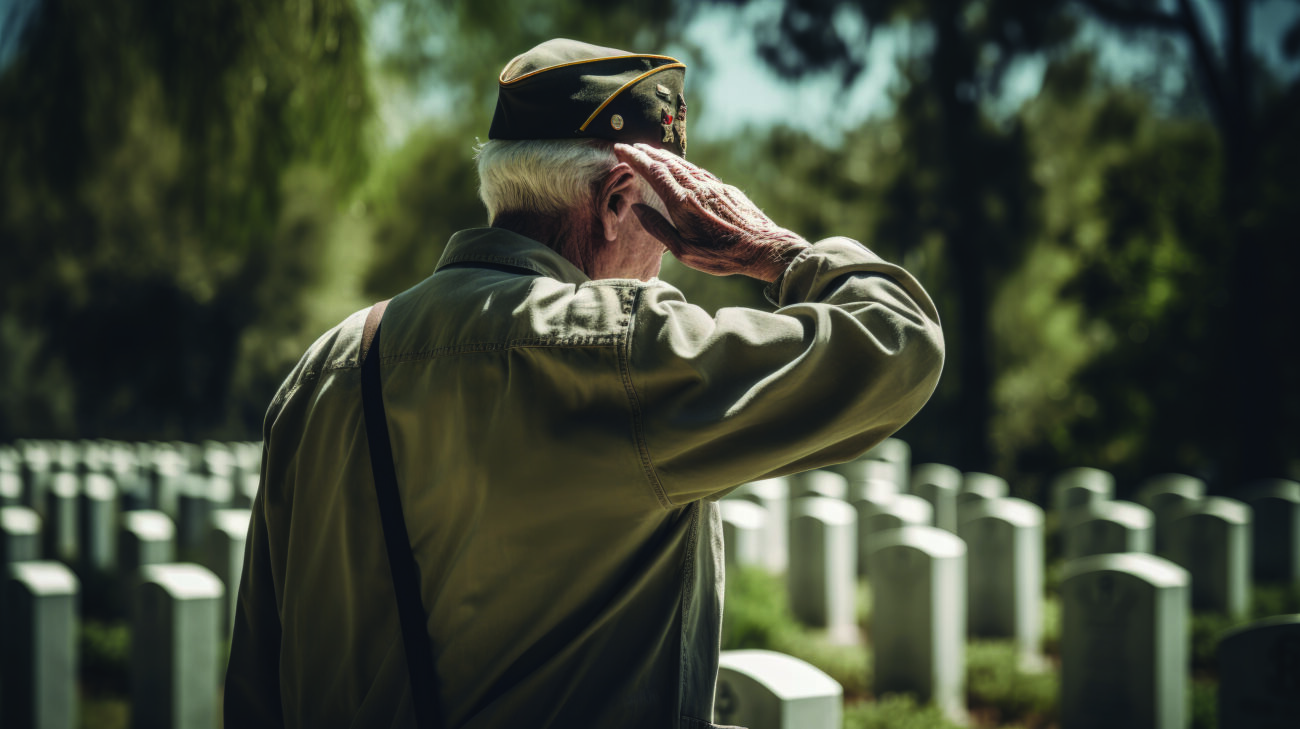 Old American War Veteran Saluting Fallen Comrades' Graves.The co