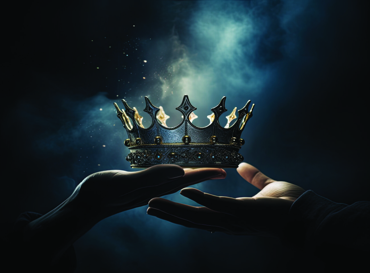 mysteriousand magical image of woman's hand holding a gold crown over gothic black background. Medieval period concept
