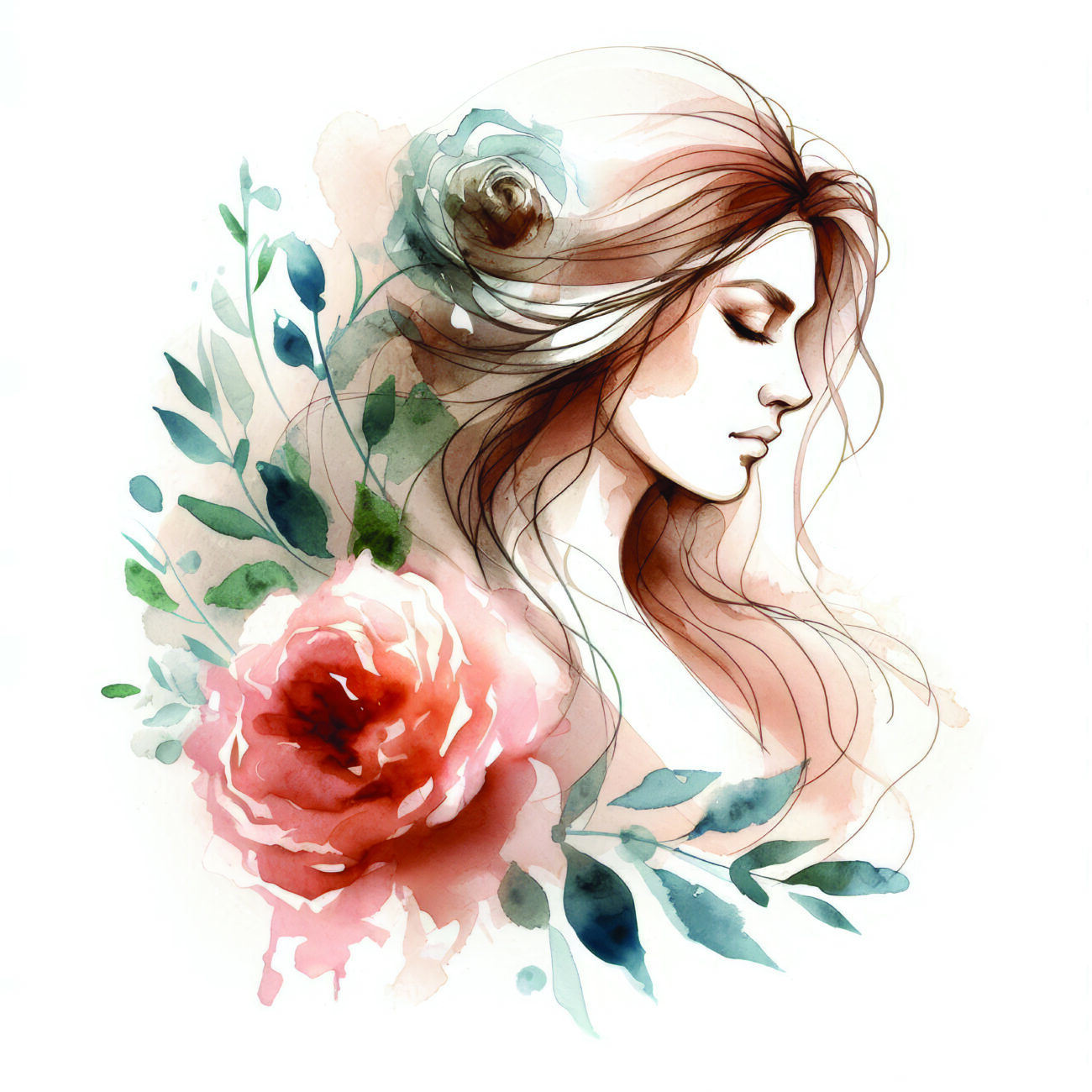 A minimalist watercolor depiction of a virtuous woman inspired by Proverbs 31. Loose and fluid forms create an elegant and serene portrait, accented with botanical elements. The artwork conveys a sense of grace, inner strength, and spiritual beauty in a delicate and uplifting manner.