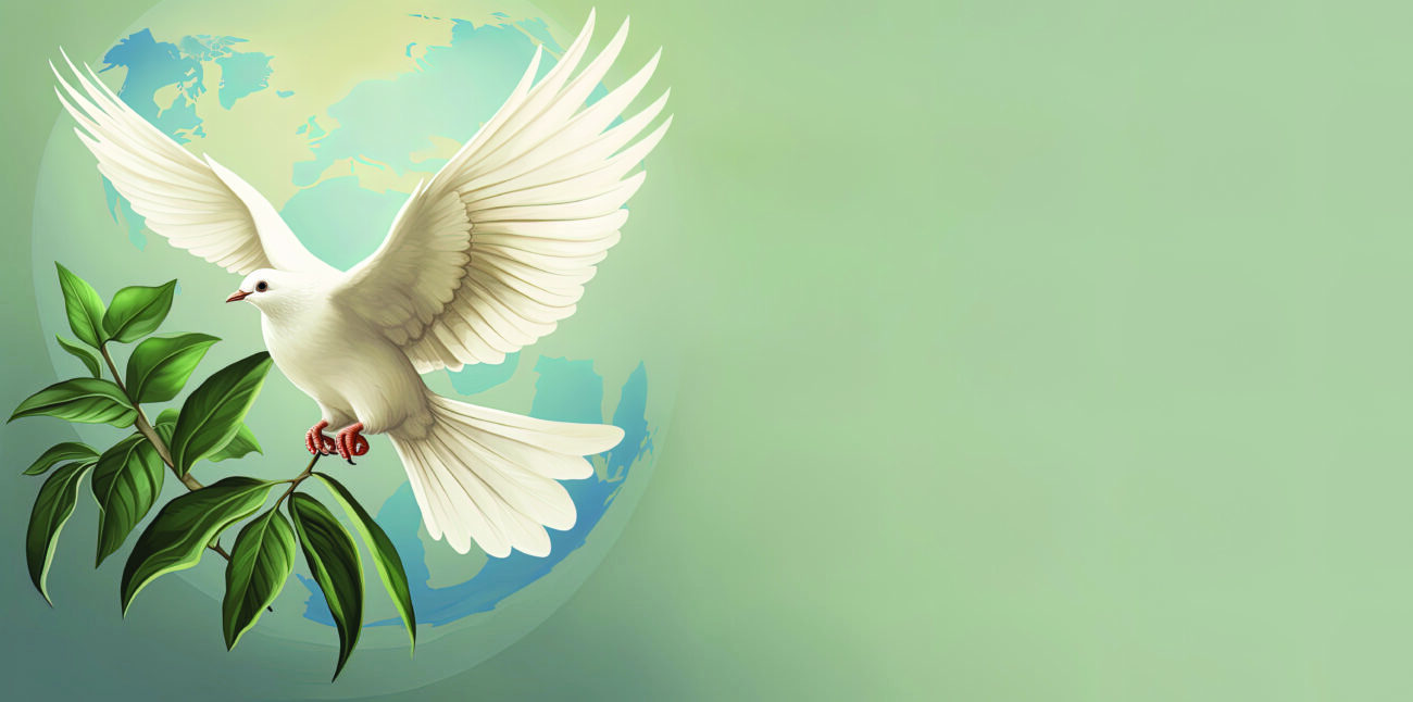 White bird, dove flying in front of the globe. Symbol of peace o
