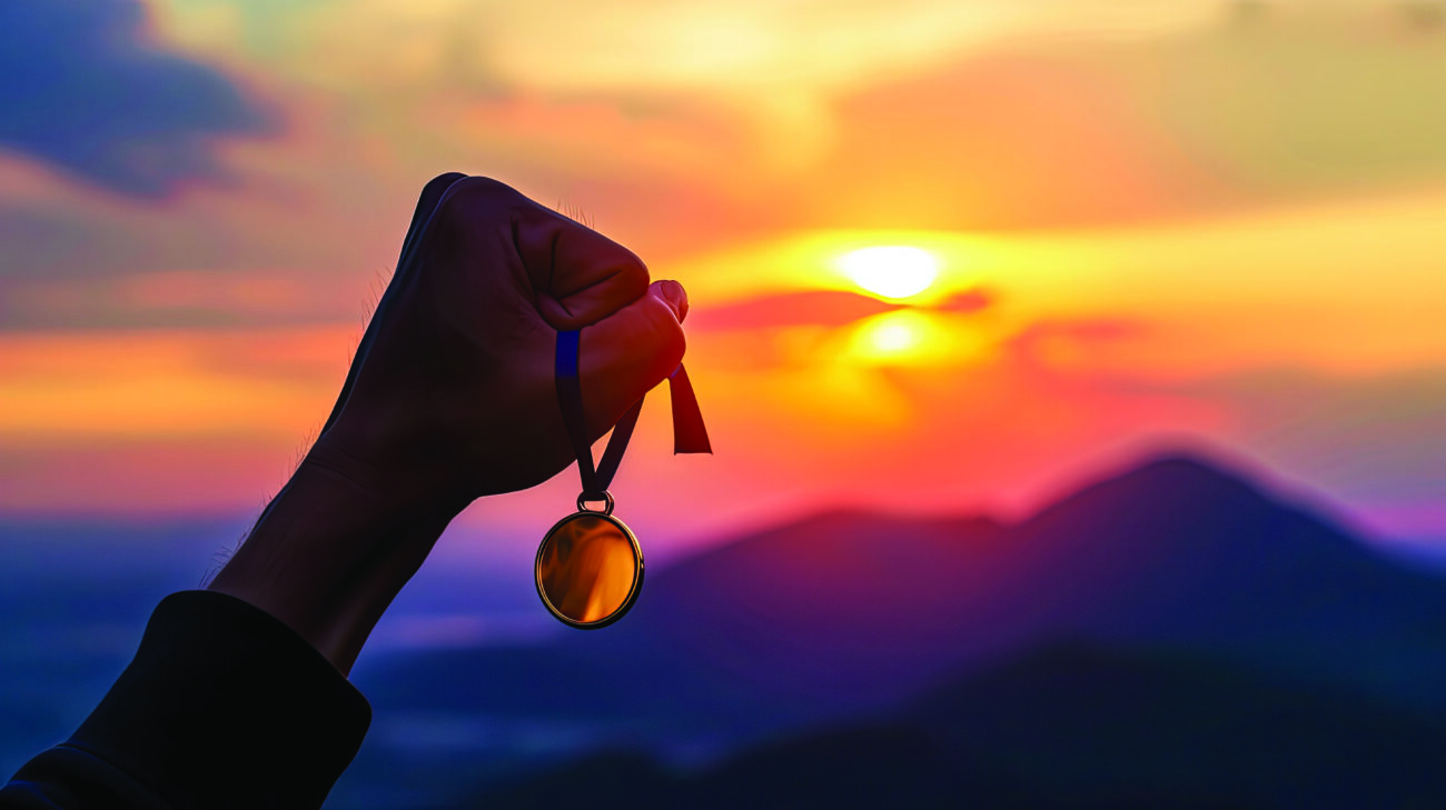 Victory concept: Silhouette overcomer hand holding gold medal against tombstone mountain sunset background --ar 16:9 --v 6 Job ID: f7d5994e-419f-40e8-a7fb-1093148caa13