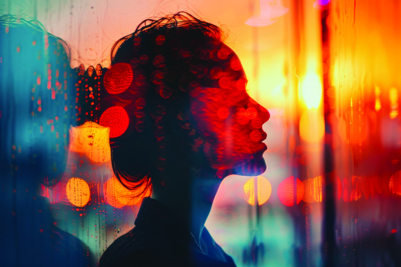 A silhouette of a woman against a vibrant sunset, with colorful
