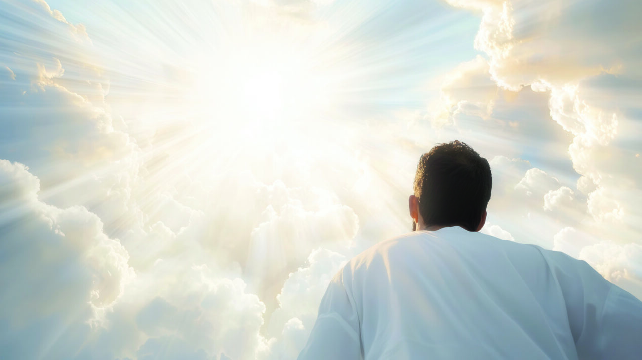 Religious scene depicting jesus rising skyward, surrounded by luminous sunset clouds symbolizing spiritual resurrection and divine hope