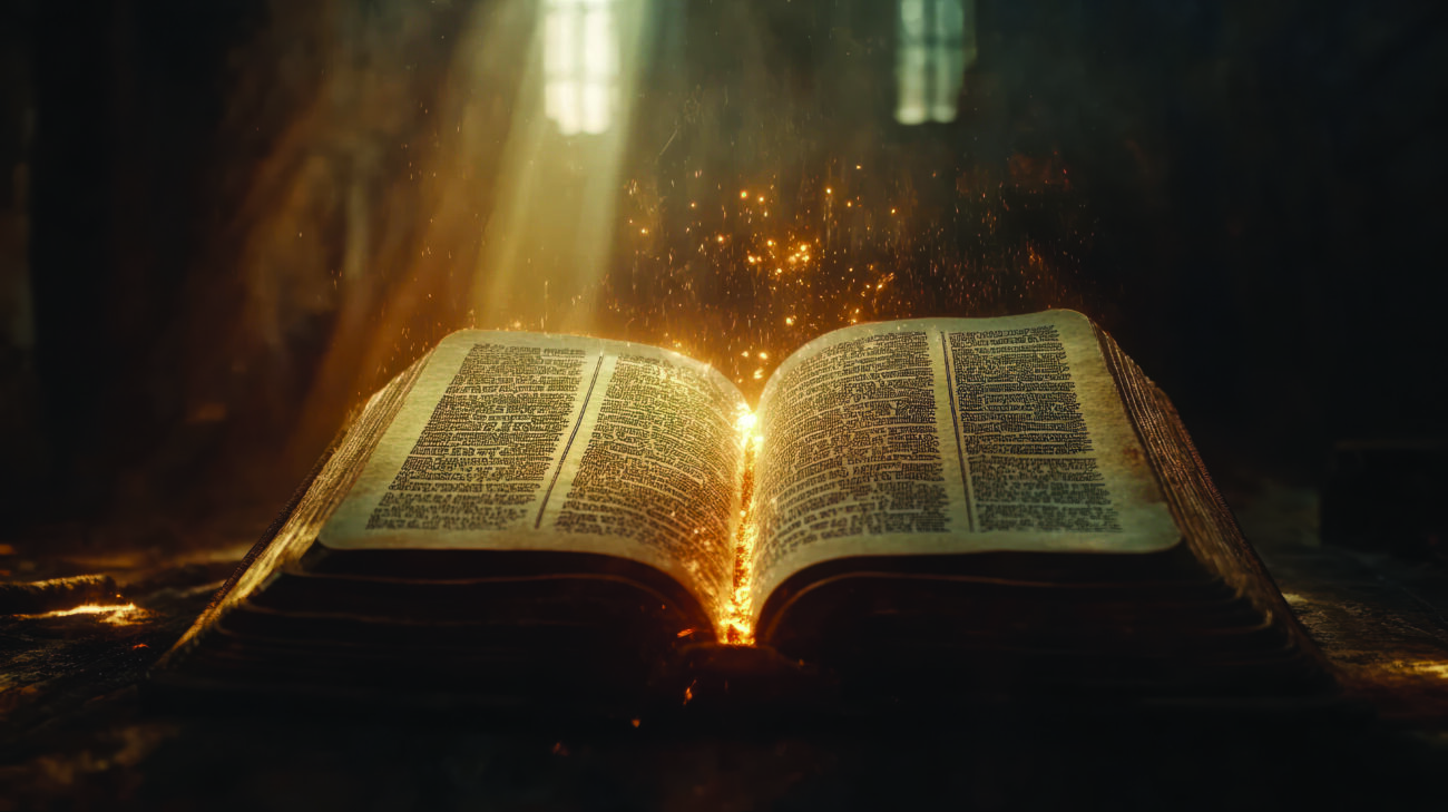 Book of Daniel. Open bible revealing the name of the book of the bible in a epic cinematic presentation. Ideal for slideshows, bible study, banners, landing pages, religious cults and more hyper realistic --ar 16:9 --v 6.1 Job ID: 481023c4-505d-4393-9d94-da807fc988d1