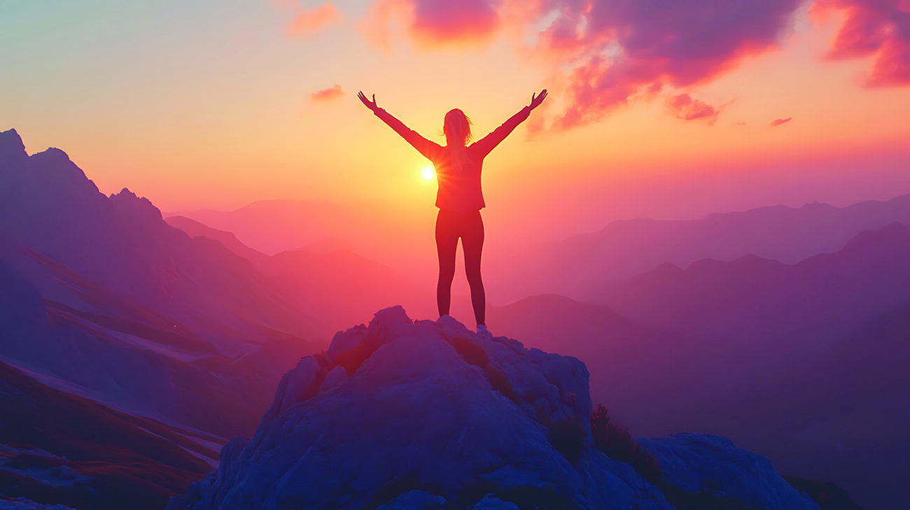 A woman standing on a mountain peak at sunrise, arms raised in t