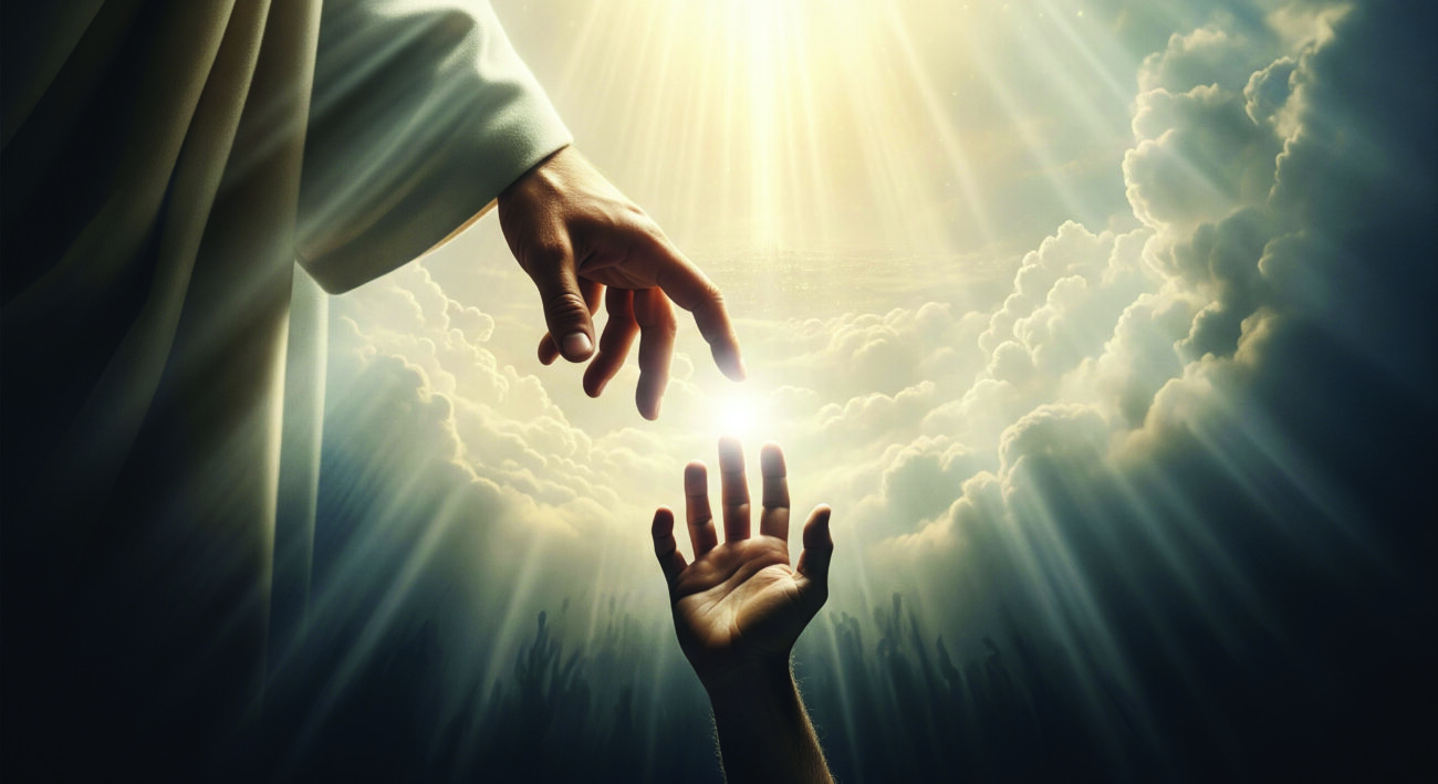Close-up of Jesus' hand reaching out from the sky, saving the ha