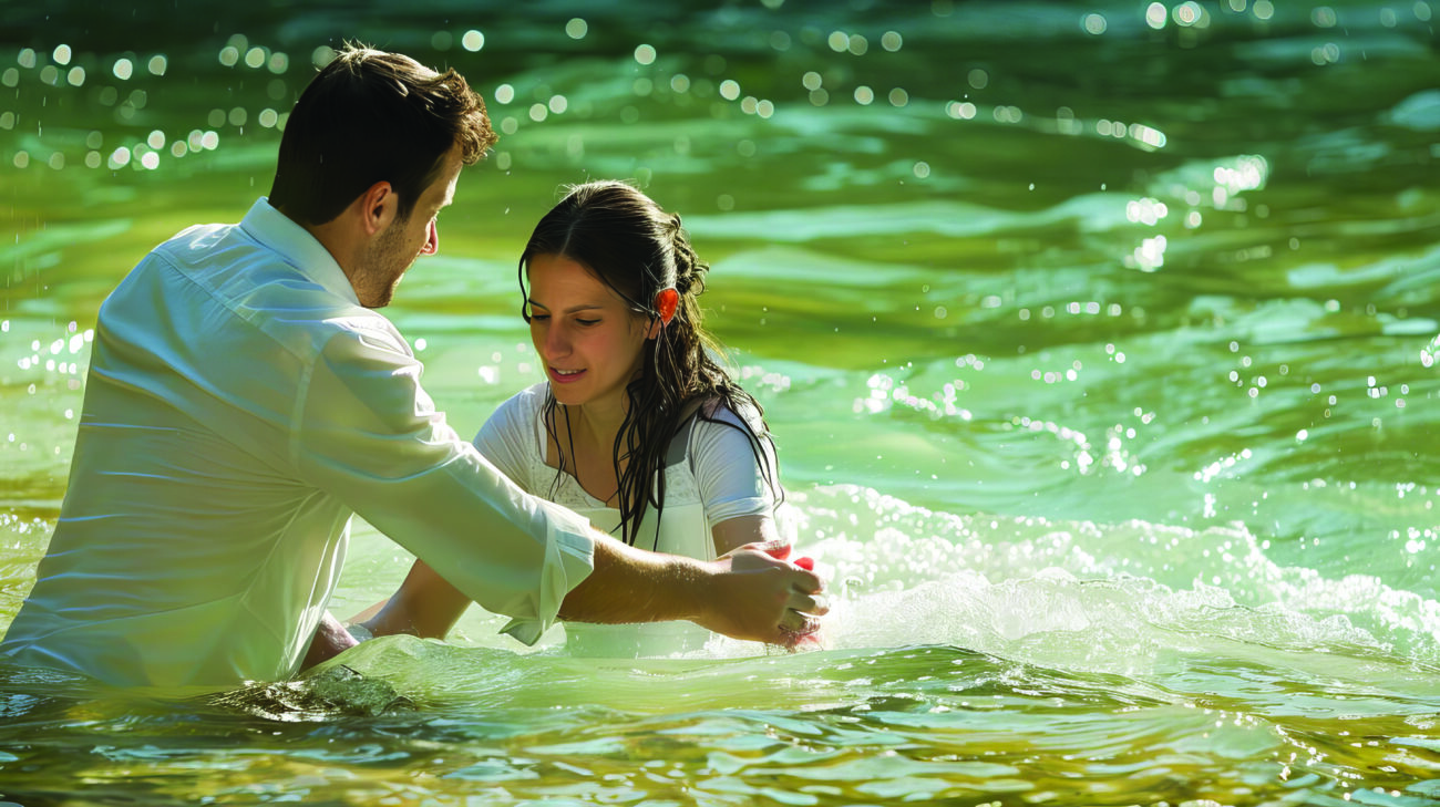 baptism ceremony man assisting woman with river immersion christ