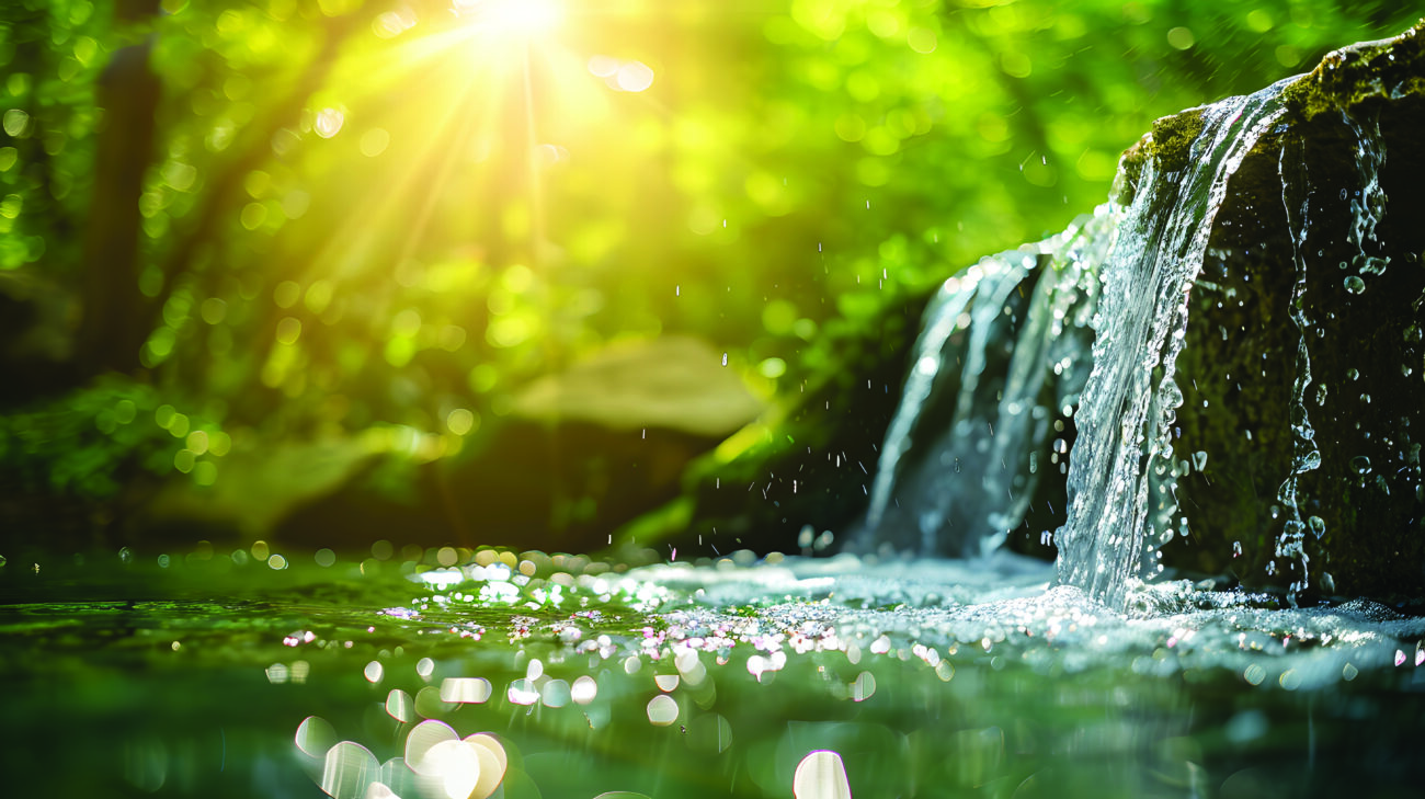 Water falling from the sky, water droplets in closeup on a green