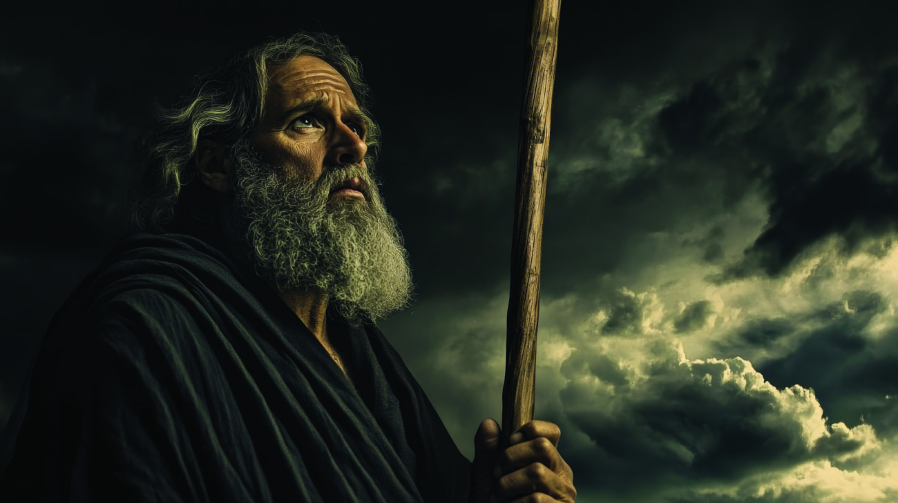 Moses holding a wooden staff against a dramatic background