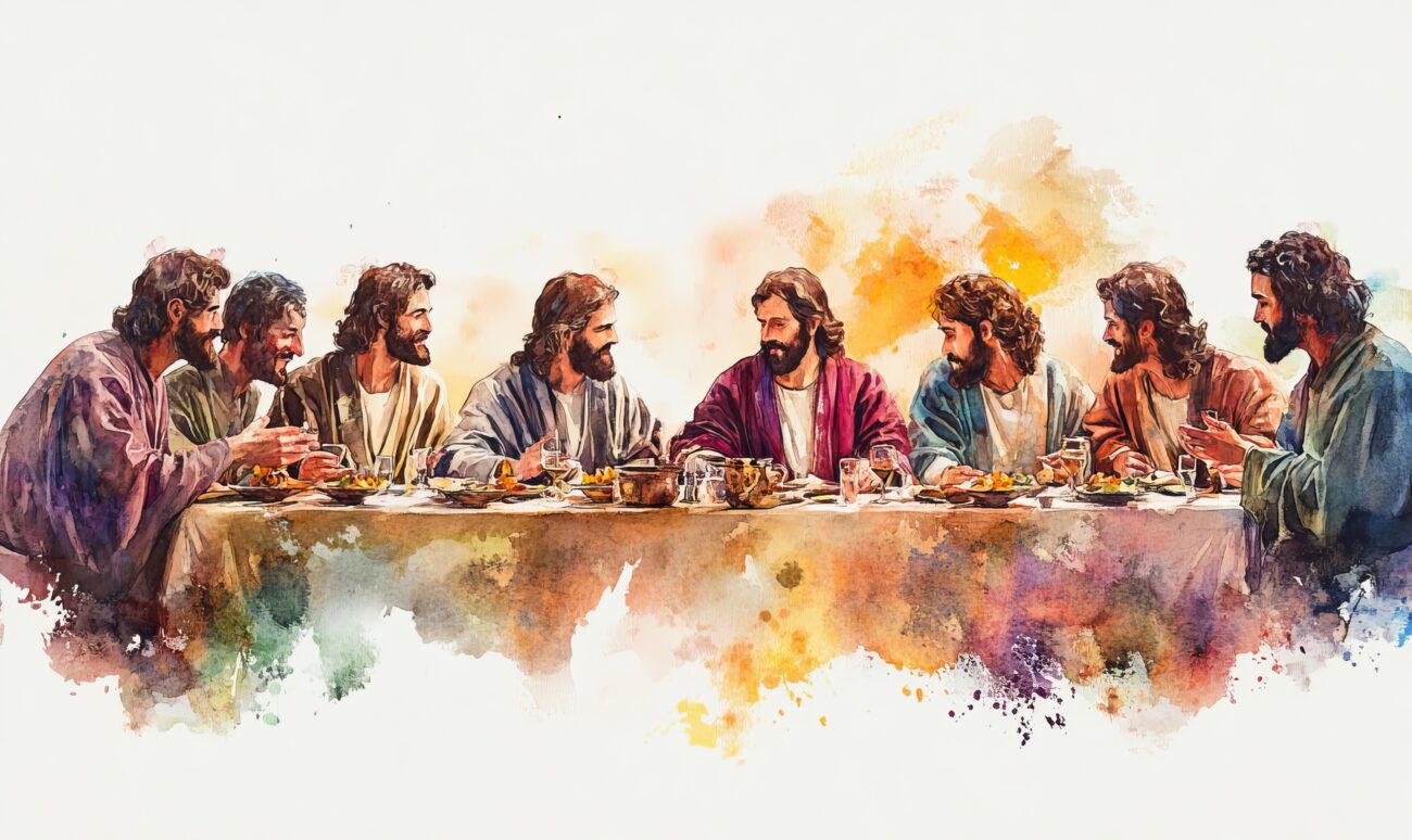 The Last Supper. Jesus. Maundy Holy Thursday. New Testament. Watercolor Biblical Illustration, Generative AI