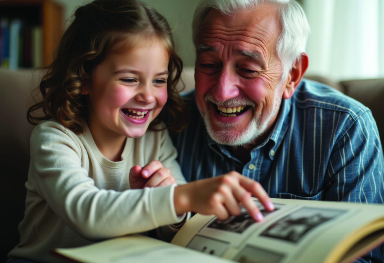 A heartwarming scene of a grandparent and grandchild sharing a joyful moment while exploring a book together, filled with laughter and love.