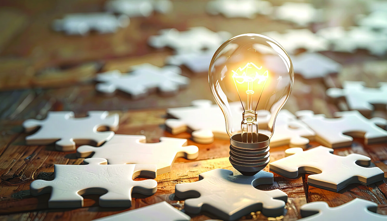 Illuminated lightbulb rests atop a solved jigsaw puzzle piece amidst scattered, unsolved pieces on a wooden surface