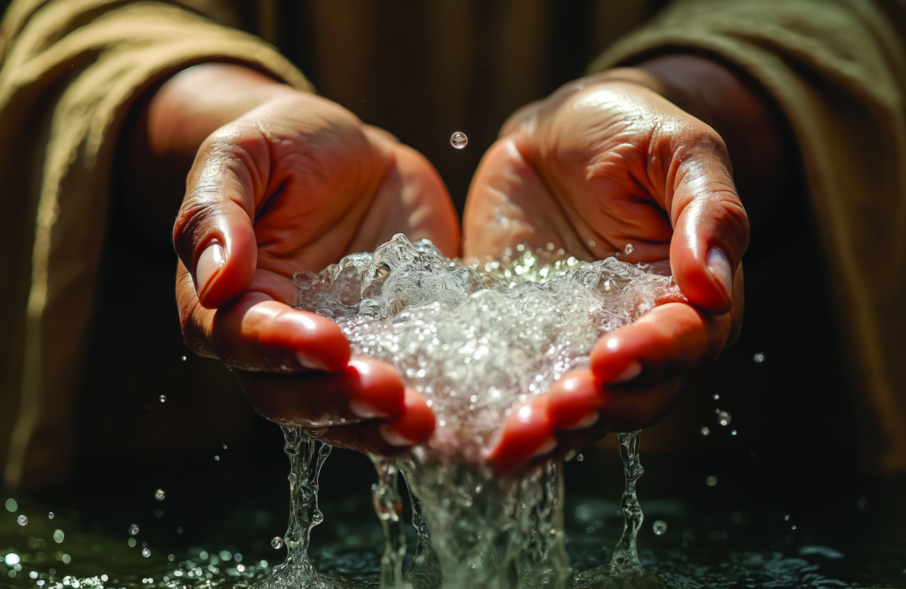 Man pours clean fresh water from cupped hands. Pure liquid flows between fingers. Spiritual symbol of life, and giving. Religious offering gesture.